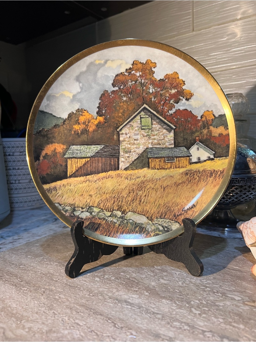 Danbury Mint Autumn Landscape Plate - Gold Rim